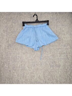 Blue Ruffle Hem Striped Cotton Shorts For Women S